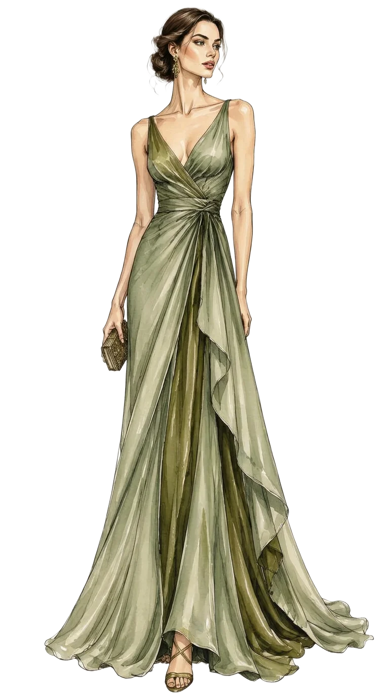 Fashion illustration of a guest in a long sage silk gown