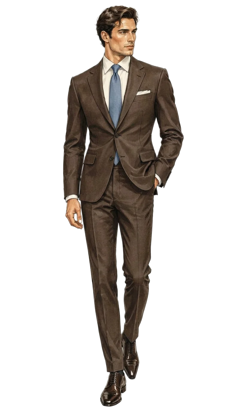 Fashion illustration of a guest in a tailored espresso suit