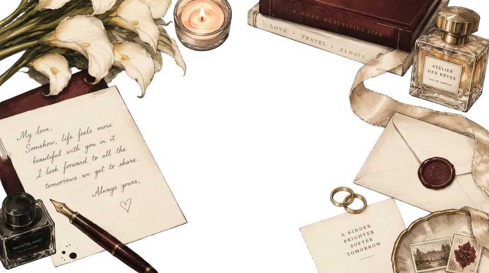 Illustrated writing desk with a love letter, calla lilies, rings and perfume