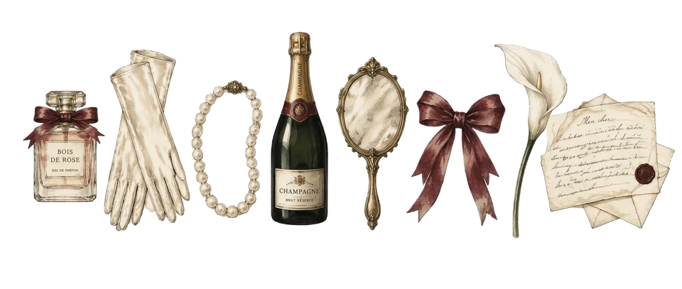 Illustrated perfume, silk gloves, pearls, champagne, mirror, ribbon, lily and letters