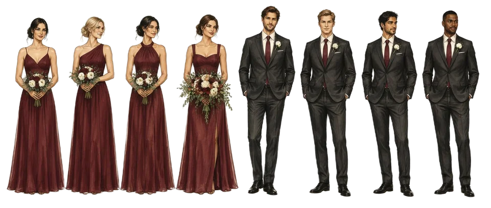 Illustrated portraits of the wedding party