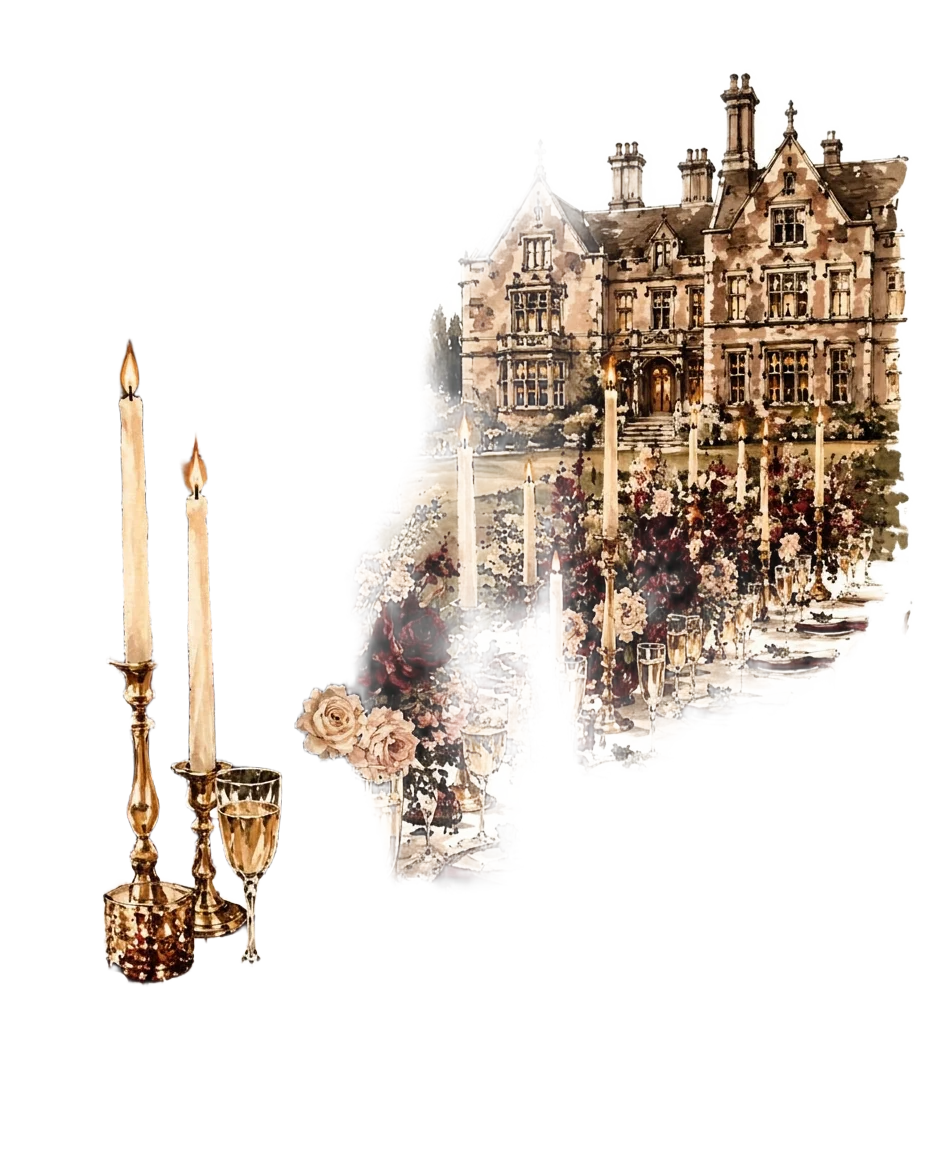 Illustration of a candlelit long table at The Willow Estate