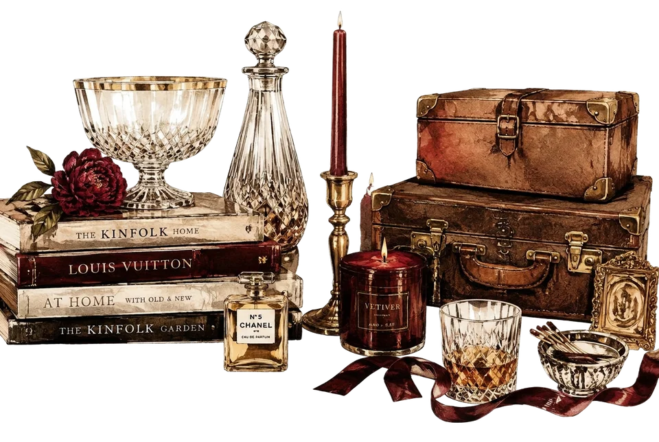 Illustrated crystal glassware, perfume, candles, books and luggage