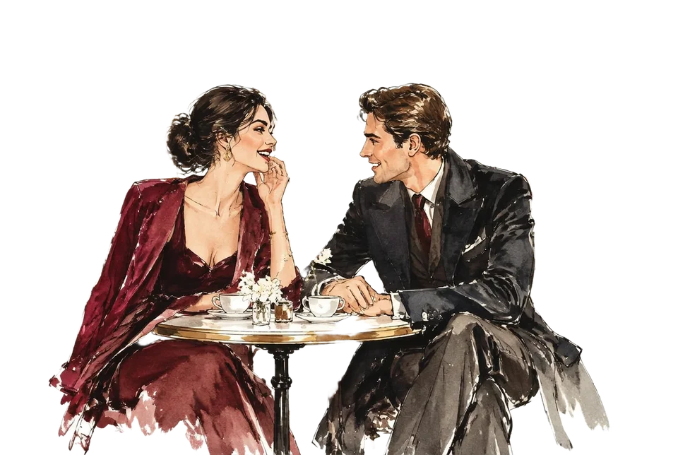 Illustration of Amelia and Julian at a London café