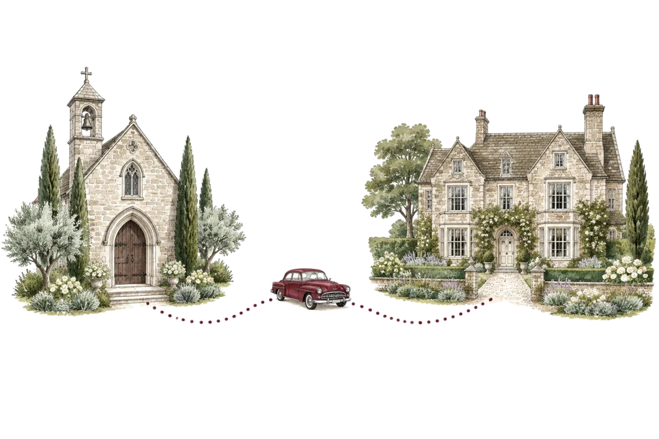 Watercolour travel illustration of a garden chapel and countryside estate connected by a vintage car journey