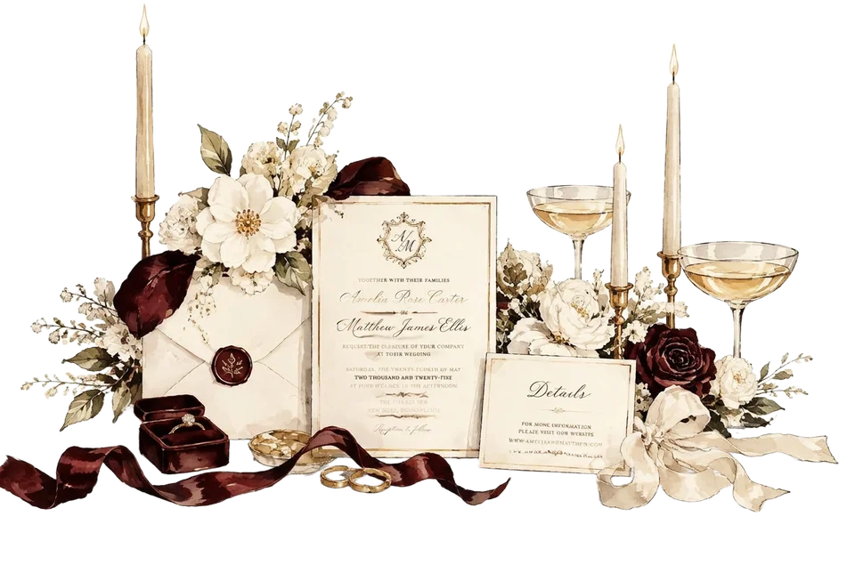 Illustrated wedding stationery, flowers, rings, champagne and candles